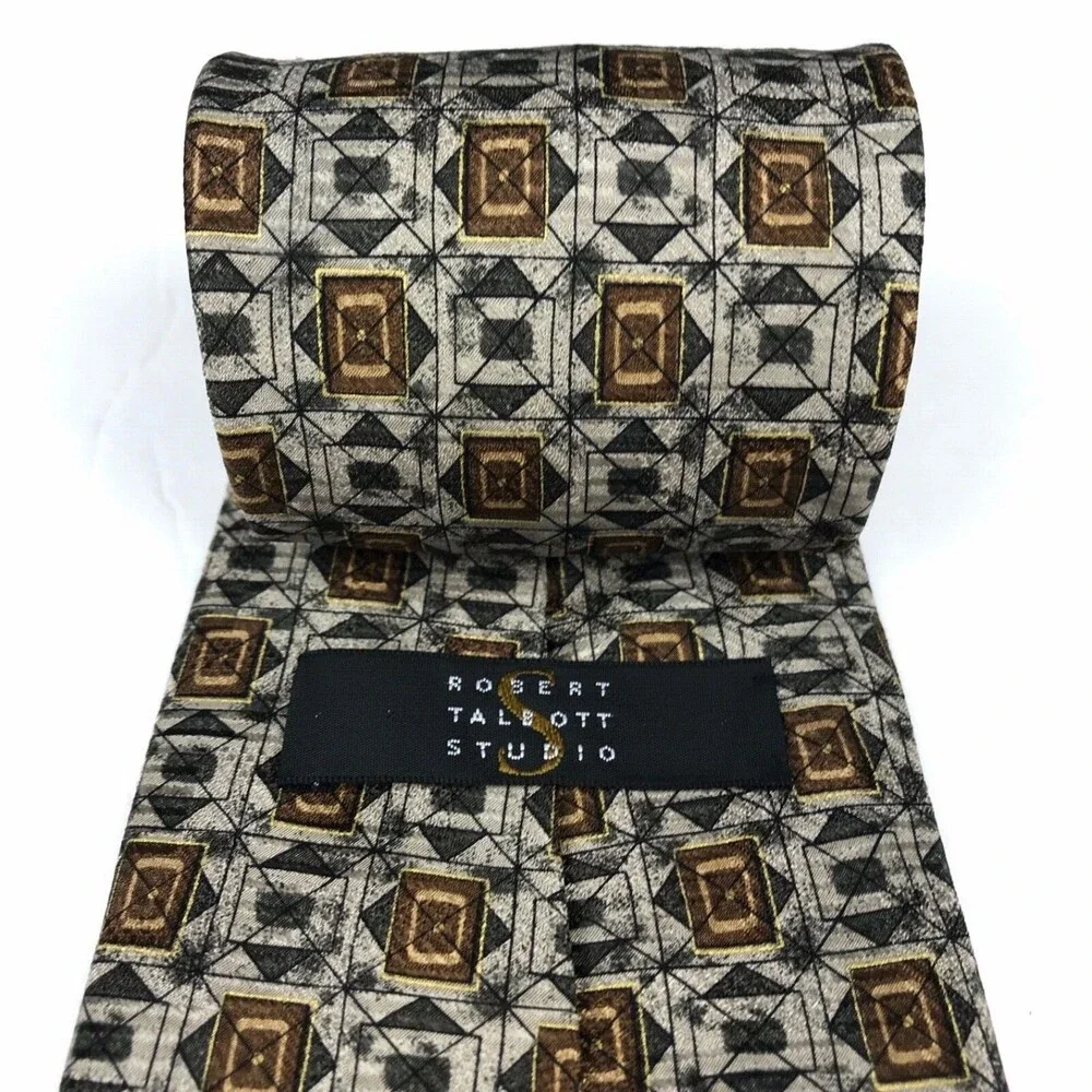 Robert Talbott Studio Men's Silk Hand-sewn Geometric Necktie Gray Tan Tie 57